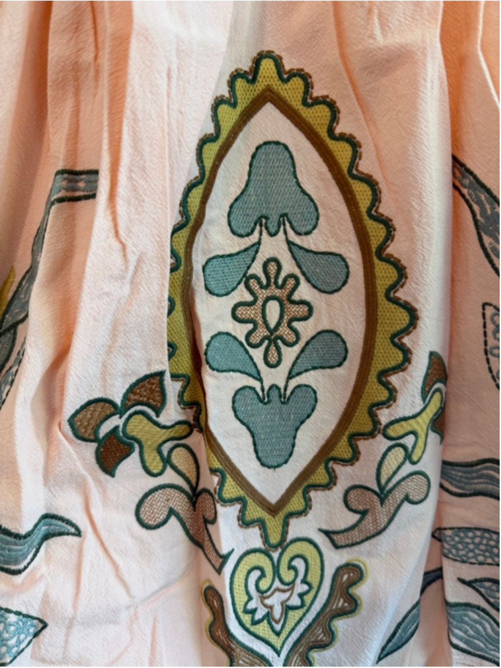 Blue Velvet Cotton/Linen Blend Embroidered Mini Dress in Salmon/Sage Size S/M - Picture 6 of 8